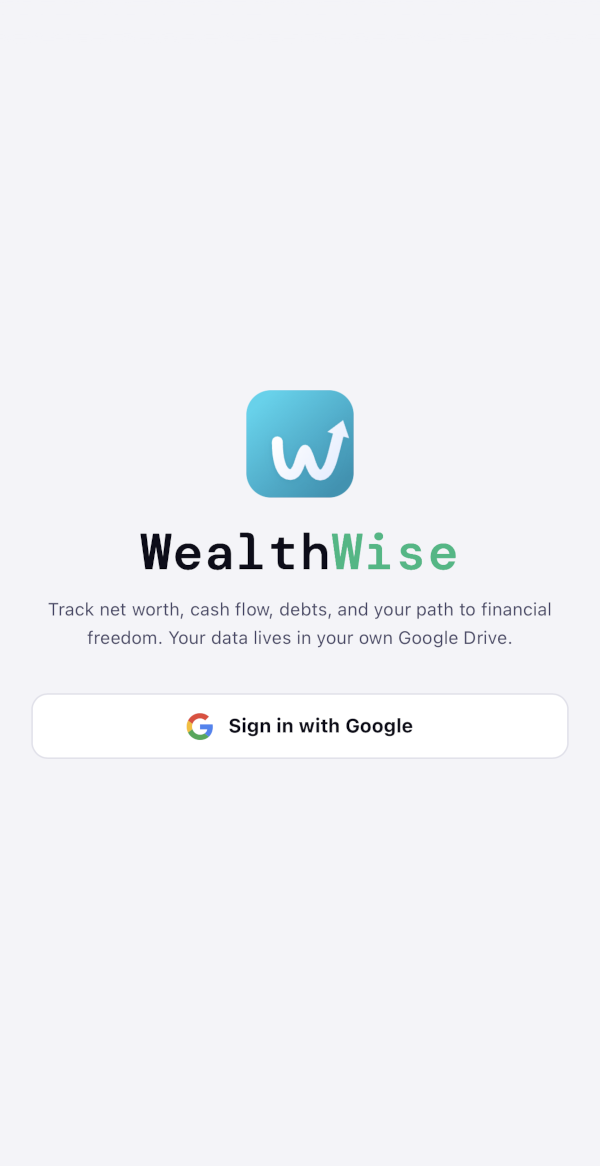 WealthWise sign-in screen: track net worth, cash flow, debts and your path to financial freedom, with Google sign-in